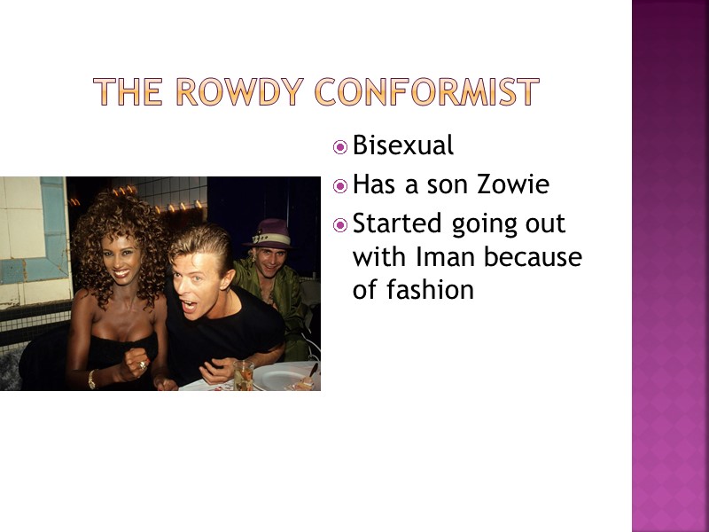 The rowdy conformist Bisexual Has a son Zowie Started going out with Iman because